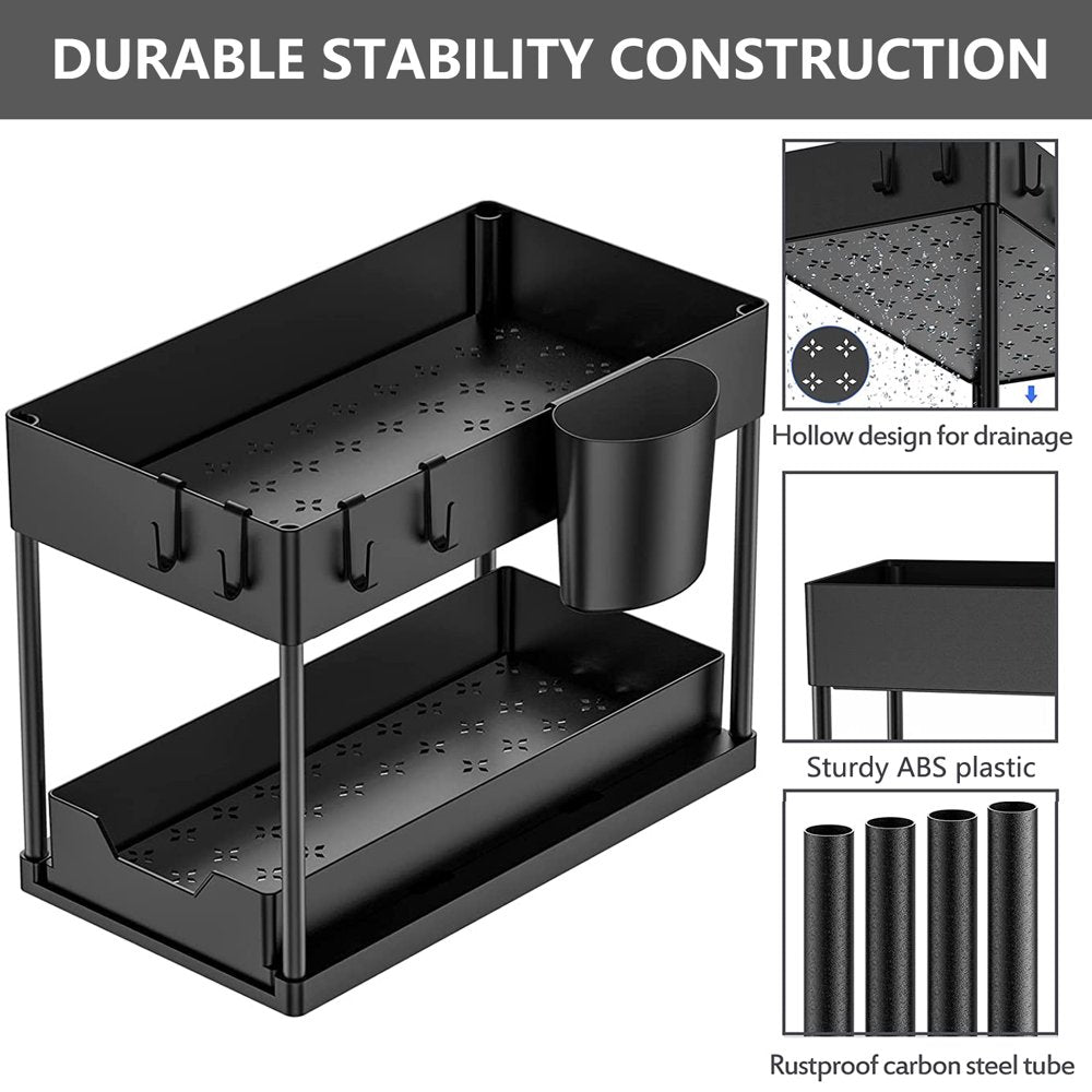 PHANCIR 2-Pack Under Sink Organizer, 2 Tier Multi-Purpose Large Capacity Kitchen Under Sink Organizers And Storage Easy Access Sliding Storage Drawer With Hooks And Hanging Cup For Bathroom Under Sink