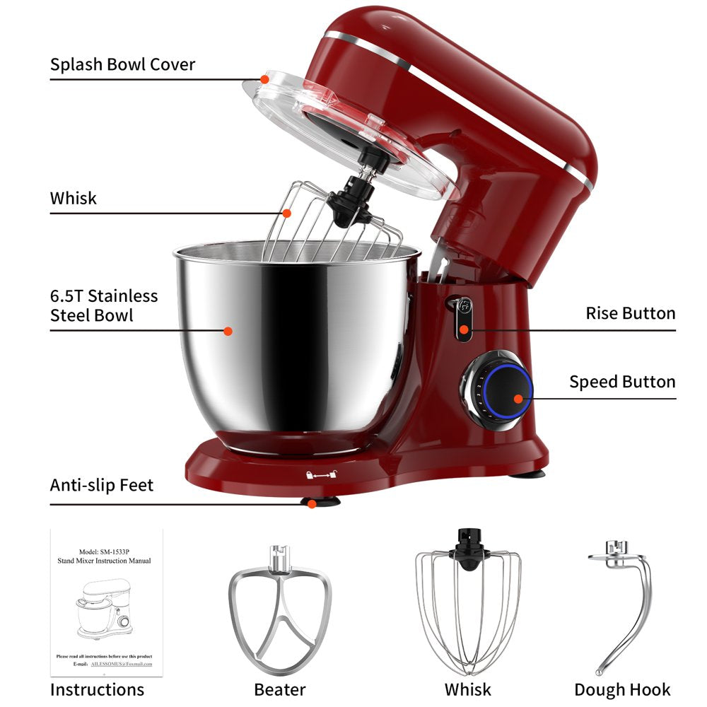 Stand Mixer,6.5-QT 660W 10-Speed Tilt-Head Food Mixer, Kitchen Electric Mixer with  Bowl, Dough Hook, Beater, Whisk for Most Home Cooks, (6.5QT, Empire Red）