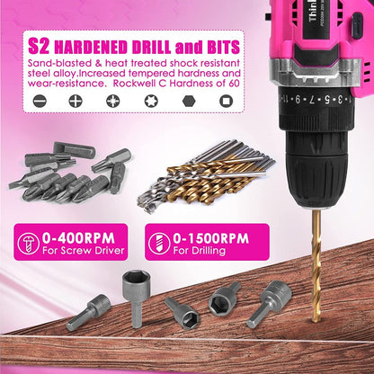 Pink Tool Kit with 20V Cordless Drill(265in-lbs), Pink Drill Set for Women,Lady's Home Tool Kit for DIY