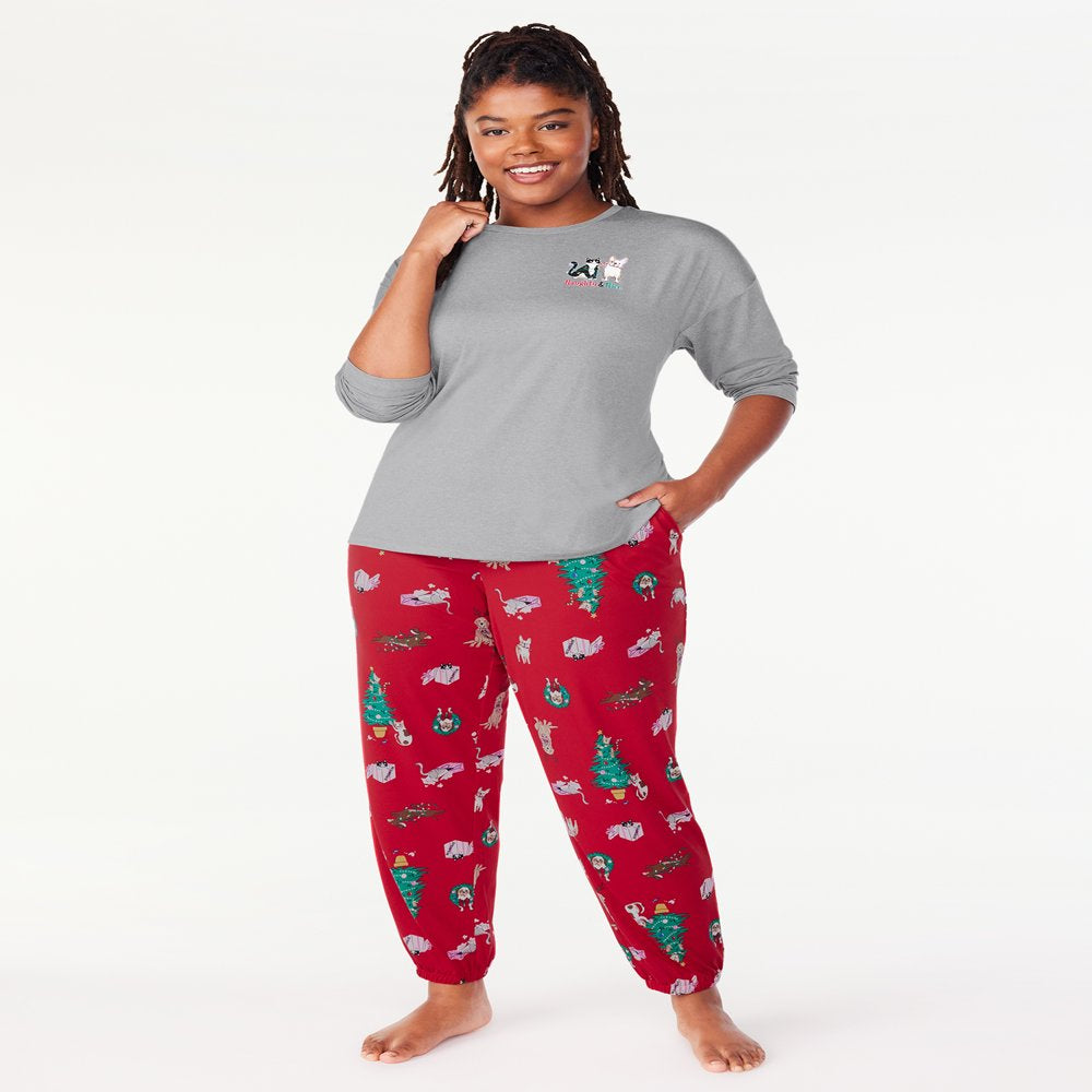 Joyspun Women’s Long Sleeve Tee and Joggers, 2-Piece Pajama Set, Sizes S-3X