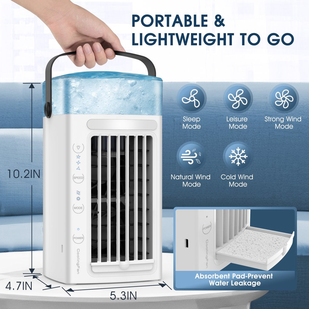 Jorocks Air Conditioner Portable, Mini Portable Air Conditioner Quiet Desk Fan, Humidifier Misting Fan, Small Air Conditioner 3 Speeds and LED Light, Evaporative Cooler for Home, Office, Room