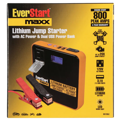 Everstart Maxx SS120LE Compact 800 Peak Amp Jump Starter with Dual USB Power Bank and AC Power