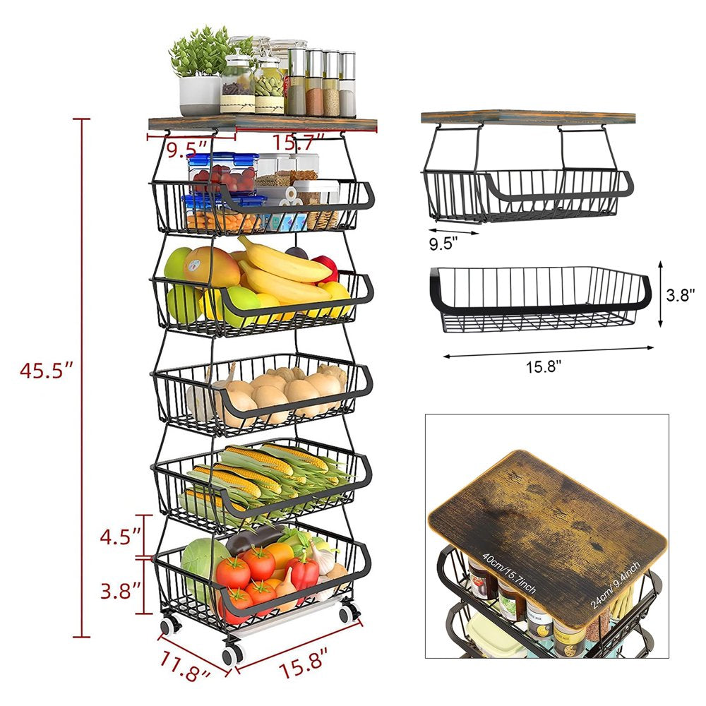 6-Tier Multifunction Fruit Vegetable Rack, Stackable Rolling Cart with Solid Wood, Kitchen Storage Rack