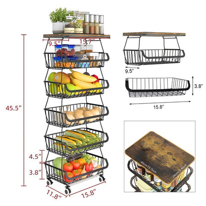 6-Tier Multifunction Fruit Vegetable Rack, Stackable Rolling Cart with Solid Wood, Kitchen Storage Rack