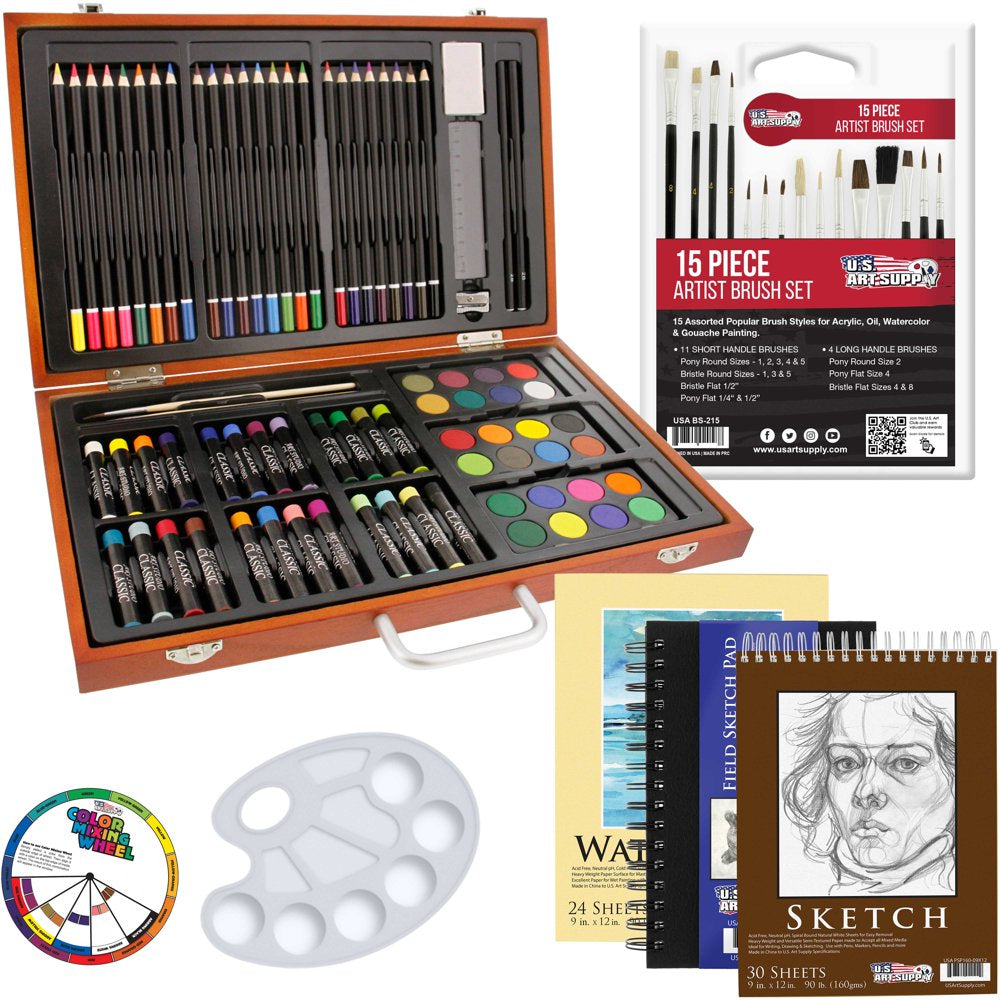 102-Piece Deluxe Art Creativity Set with Wooden Case - Artist Painting, Sketching and Drawing Set, 24 Watercolor Paint Colors, 17 Brushes, 24 Colored Pencils, Sketch & Painting Pads