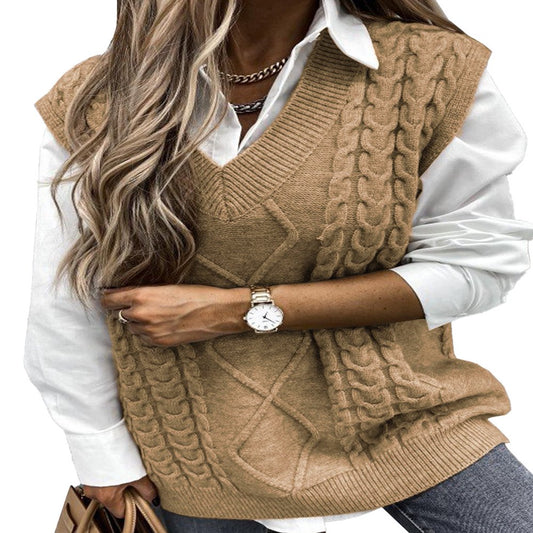 Dokotoo Womens Khaki Sleeveless Knitted Sweater Vest Cable Knit Pullover Tops, Us 12-14(L)