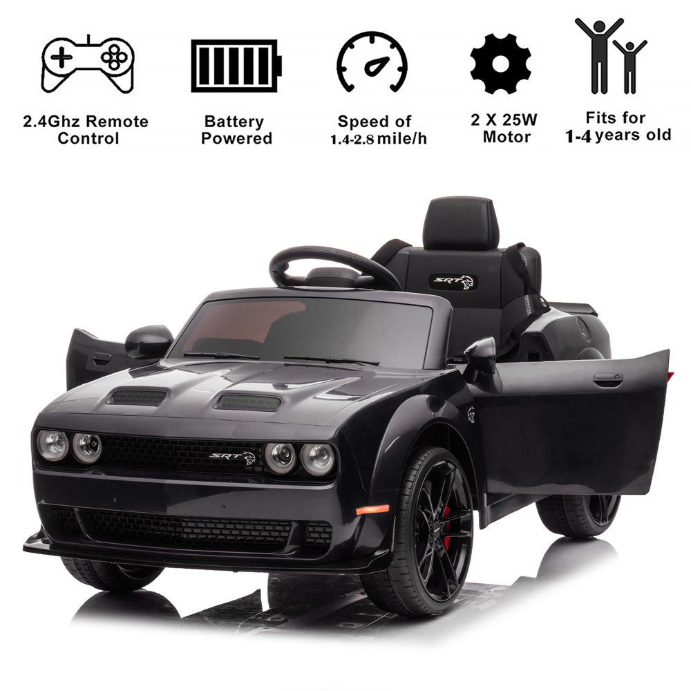 Dodge Challenger 12 V Powered Ride on Car with Remote Control, SRT Hellcat Toys for Kids, Black