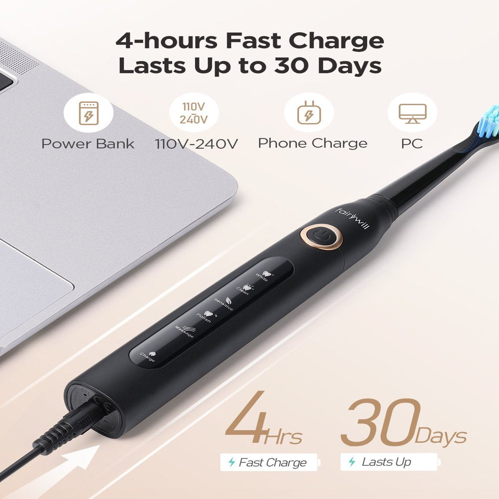 Fairywill Sonic Electric Toothbrush, Rechargeable Power Toothrush with 4 Brush Heads, 5 Modes and 2 Minutes Build in Smart Timer, Black