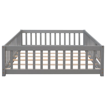 uhomepro Full Size Wood Floor Bed Frame with Fence and Door for Kids, Toddlers, Gray