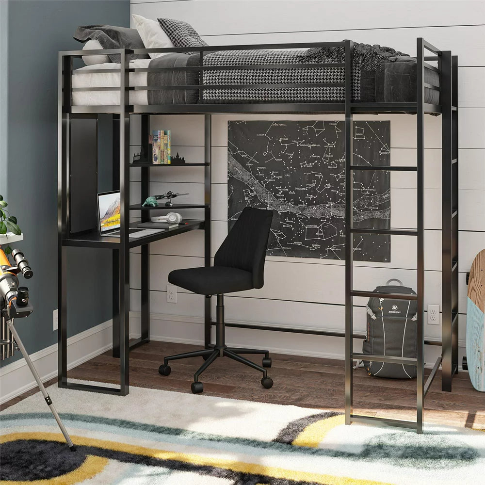 Teen Novogratz Hunter Full Size Metal Loft Bed with Desk, White