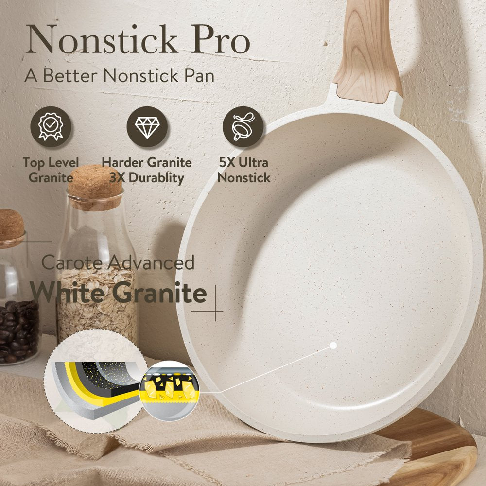 Carote Nonstick Pots and Pans Set, 10 Pcs Granite Stone Kitchen Cookware Sets (White)