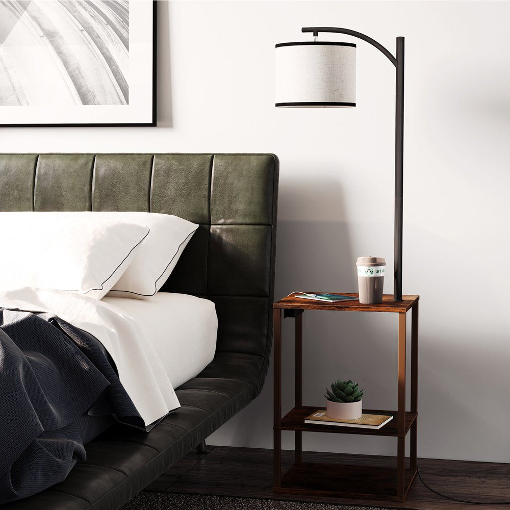 Floor Lamp with Table, Lamps for Living Room with USB Port, Attached End Table with Shelves, Brown