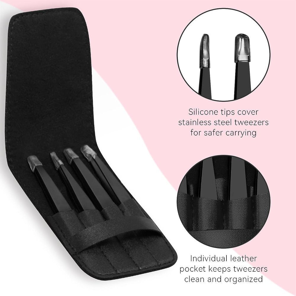 4 Pcs Tweezers Set,Stainless Steel Hair Removal Makeup Tool,Gift,Black