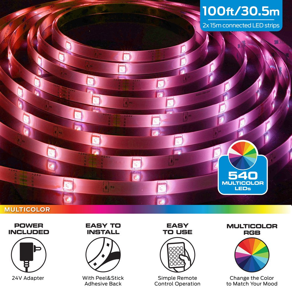 Monster LED 100ft Multicolor Light Strip, Indoor Locations, Bedrooms, Remote Control