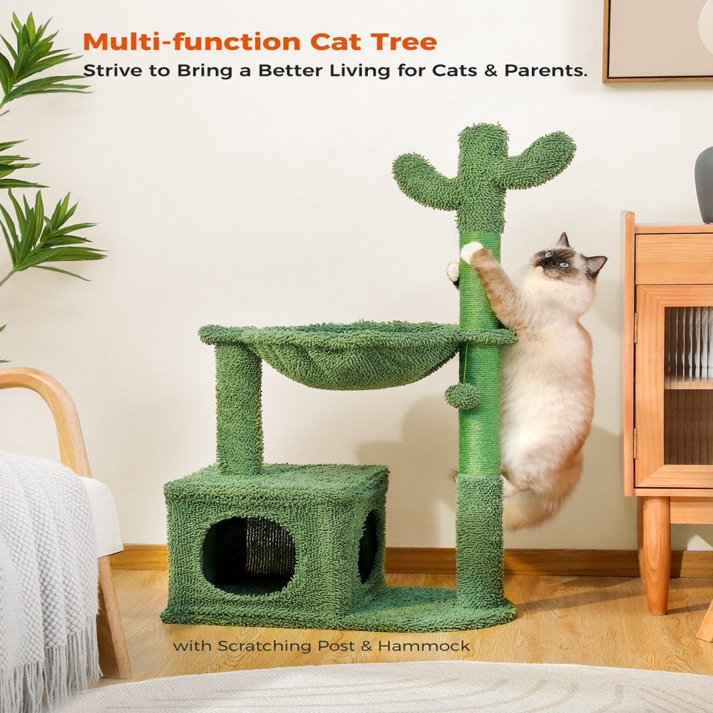 PAWZ Road Cactus Cat Tree Condo 39.4" with Hammock Perch, Cat Sisal Scratching Post for Indoor Kitty Medium Cats,Green