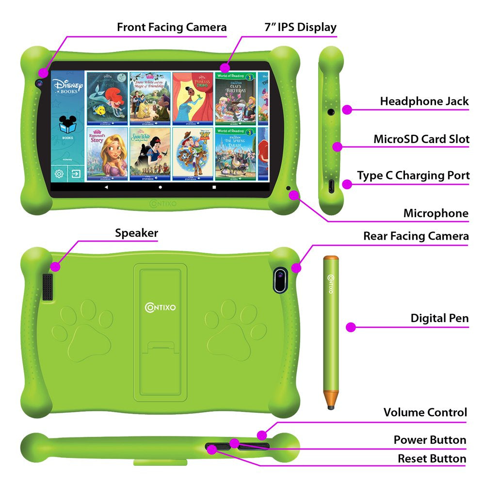 Contixo 7" Android Kids Tablet 32GB, Includes 50+ Disney Storybooks & Stickers, Protective Case with Kickstand & Stylus, (2023 Model) - Green