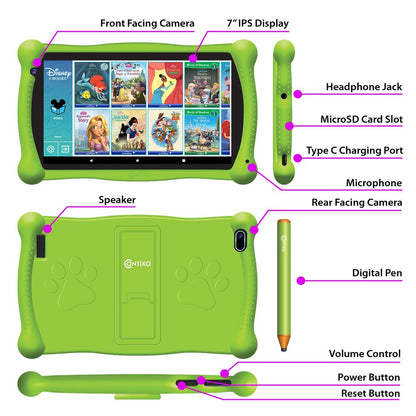 Contixo 7" Android Kids Tablet 32GB, Includes 50+ Disney Storybooks & Stickers, Protective Case with Kickstand & Stylus, (2023 Model) - Green