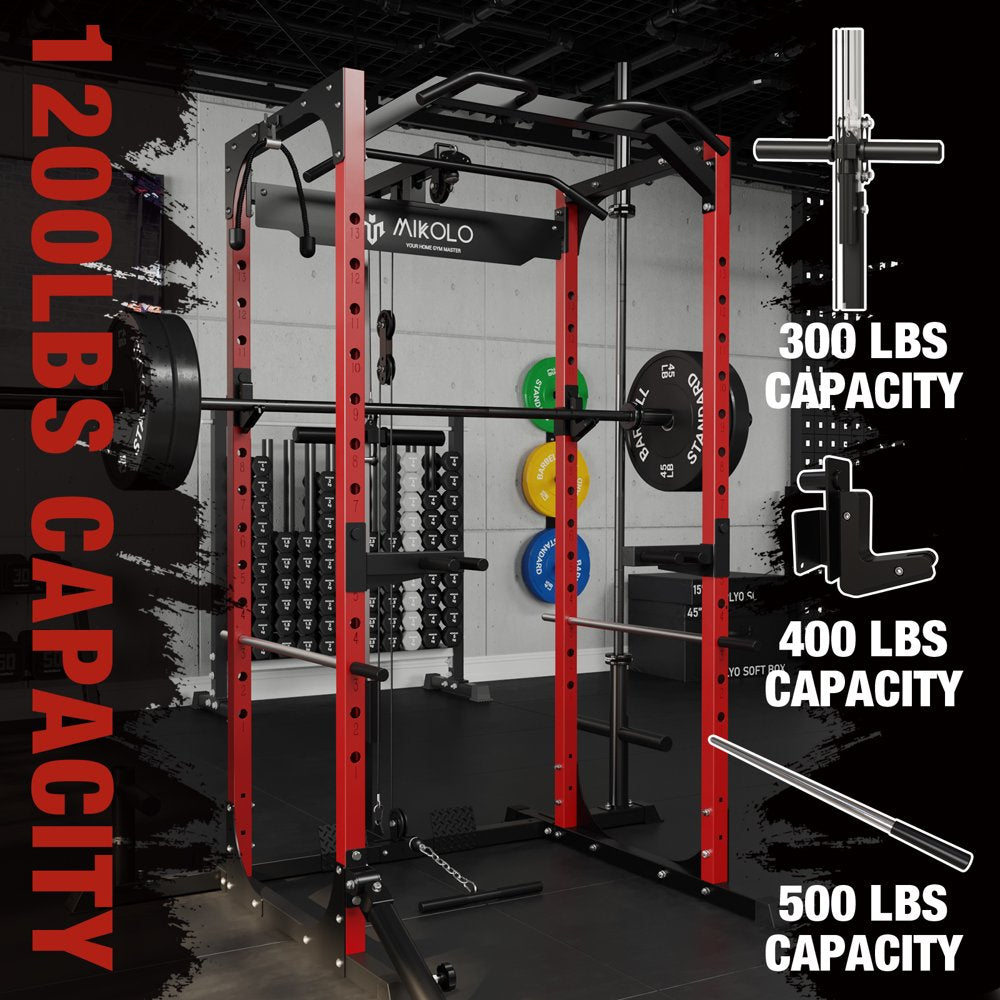 Mikolo Power Rack Cage with LAT Pulldown System,1200LBS Capacity Power Rack, Multi-Functional Squat Rack with 13-Level Adjustable Height and J-Hooks, Dip Bars, T-Bar, Gym Equipment (Upgraded)