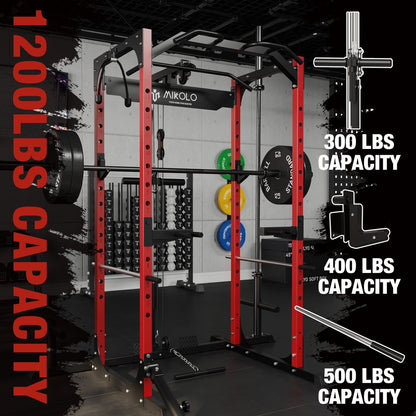 Mikolo Power Rack Cage with LAT Pulldown System,1200LBS Capacity Power Rack, Multi-Functional Squat Rack with 13-Level Adjustable Height and J-Hooks, Dip Bars, T-Bar, Gym Equipment (Upgraded)