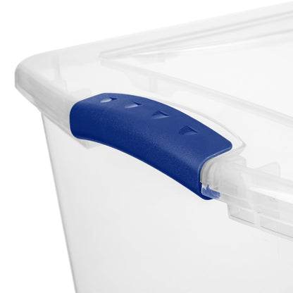 Sterilite 66 Qt. Clear Plastic Latch Box, Blue Latches with Clear Lid