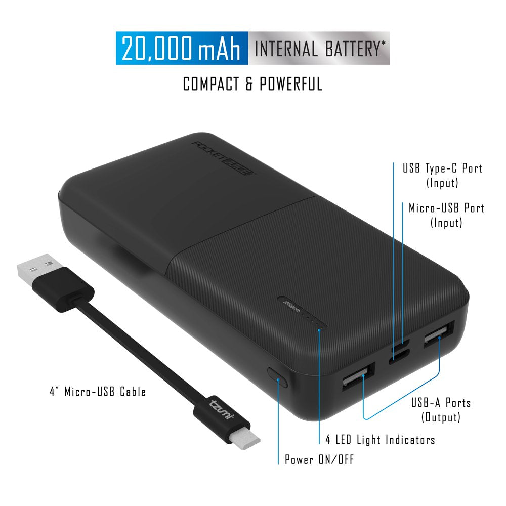 Pocket Juice Slim Pro 20,000mAh, Portable Power Bank and Charger with Dual USB Ports, Black