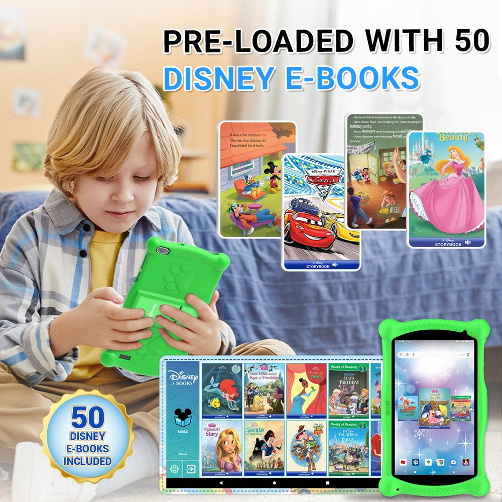 Contixo 7" Android Kids Tablet 32GB, Includes 50+ Disney Storybooks & Stickers, Protective Case with Kickstand & Stylus, (2023 Model) - Green