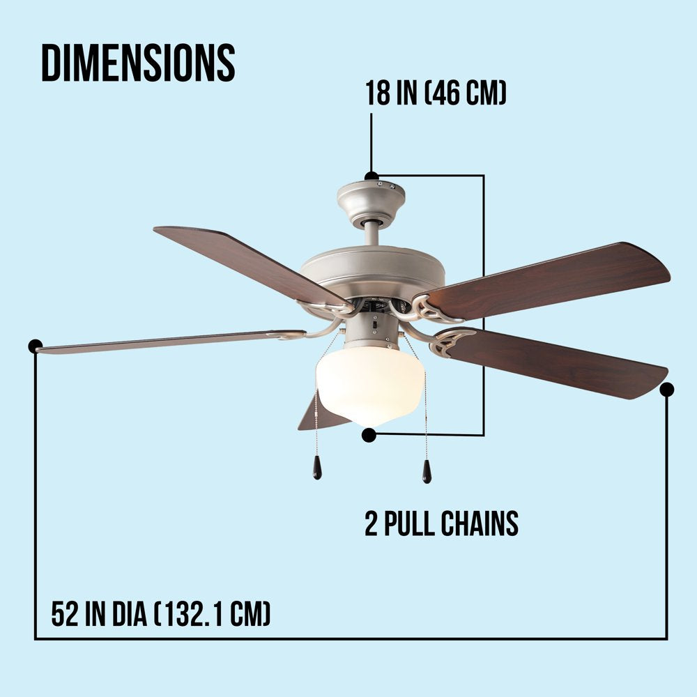 Mainstays 52 Inch Downrod Ceiling Fan with Light Kit, Satin Nickel, 5 Blades, Reverse Airflow