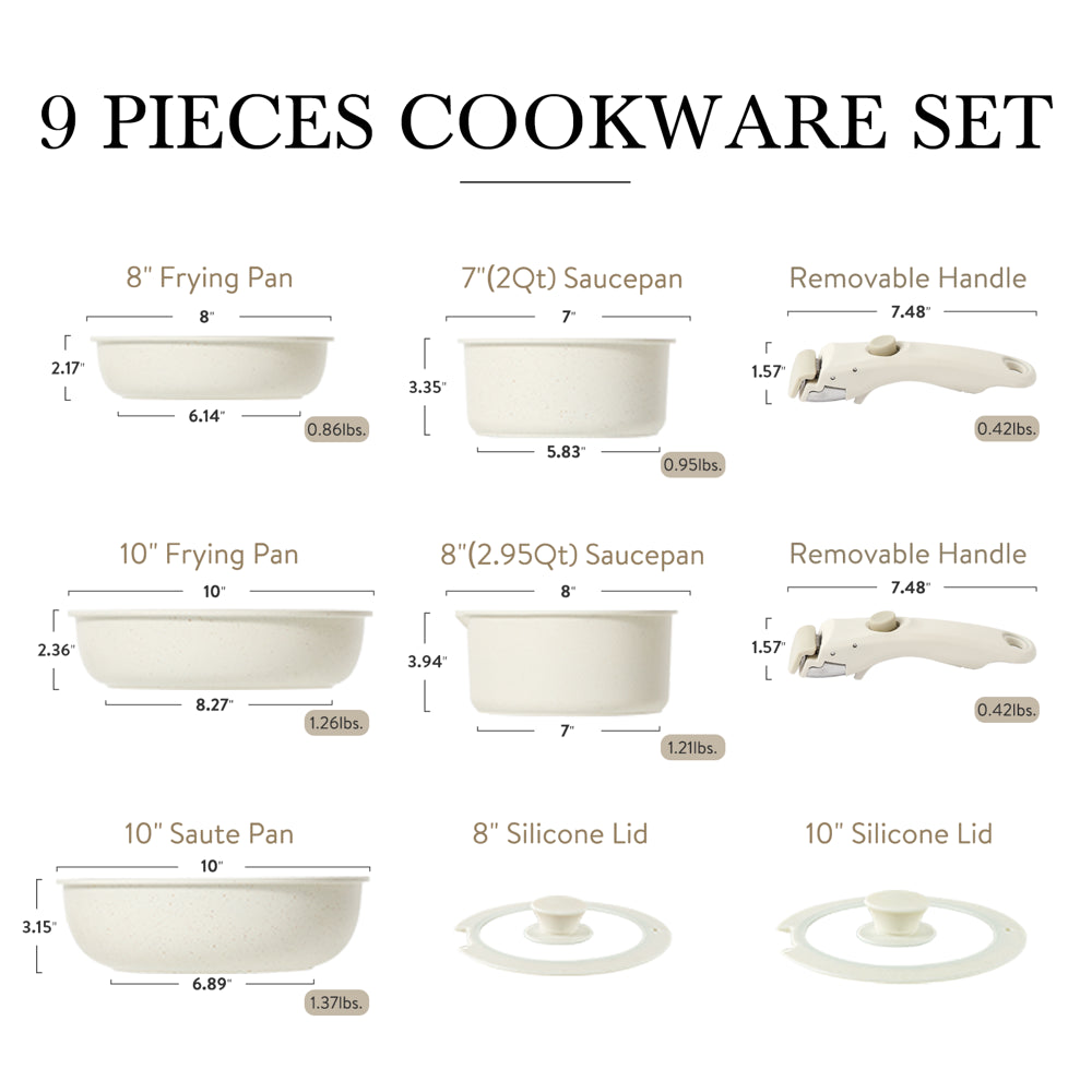 Carote Nonstick Cookware Sets, 9 Pcs Granite Non Stick Pots and Pans Set with Removable Handle