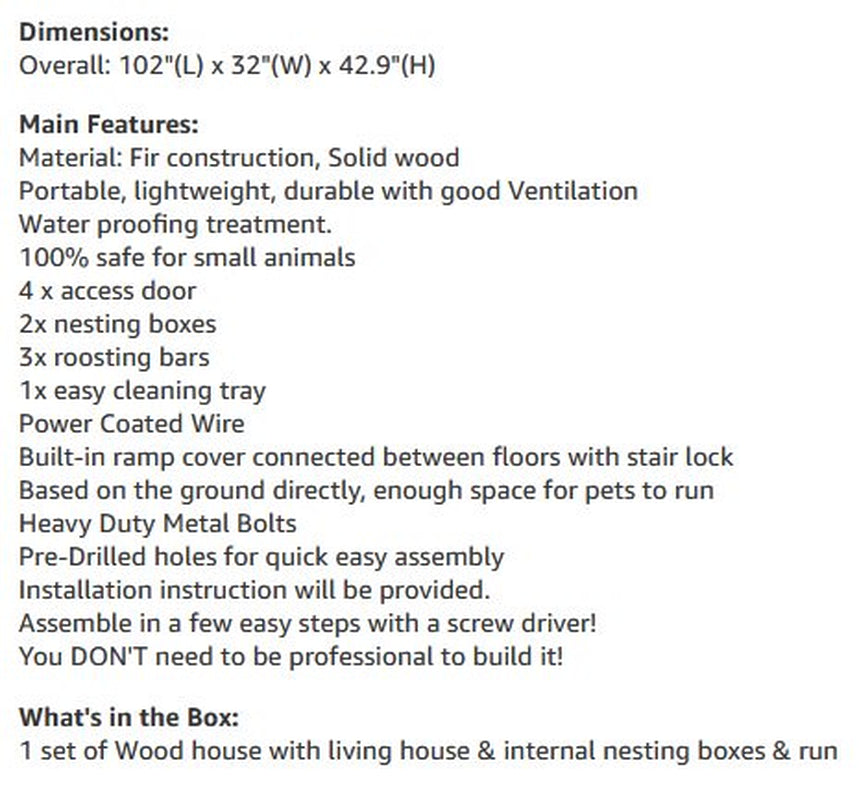 Chicken Coop Outlet Large 102" Wood Backyard Hen House Nesting Box & Run & Cleaning Tray