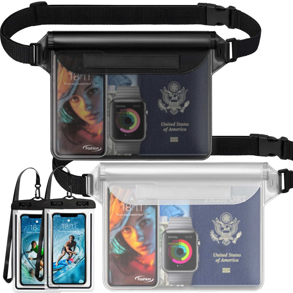 Waterproof Dry Bag and Waterproof Cell Phone Bag for Outdoor Water Sports Paddle Waterproof Pouch Bag Case (2 * Phone Case(Clear) + 2 * Fanny Pack(Black))