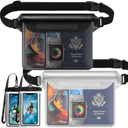 Waterproof Dry Bag and Waterproof Cell Phone Bag for Outdoor Water Sports Paddle Waterproof Pouch Bag Case (2 * Phone Case(Clear) + 2 * Fanny Pack(Black))