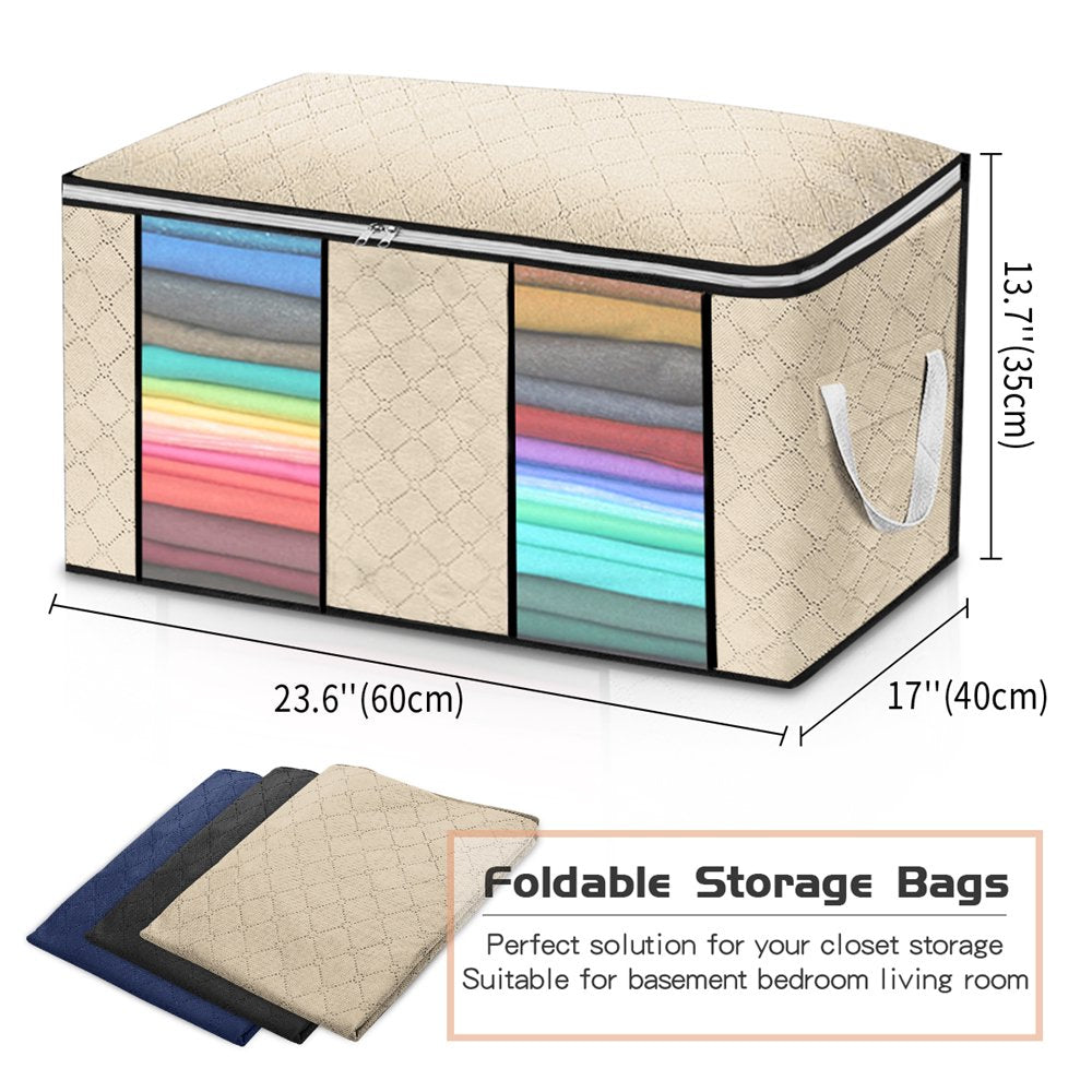 Closet Storage Bags Organizers, Large Clothing Storage Bags with Reinforced Handle, Foldable Clothes Storage Bags Closet Organizers, Blanket Storage Bags for Bedding, Clothes - 4 Pack