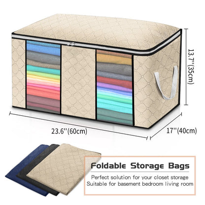 Closet Storage Bags Organizers, Large Clothing Storage Bags with Reinforced Handle, Foldable Clothes Storage Bags Closet Organizers, Blanket Storage Bags for Bedding, Clothes - 4 Pack