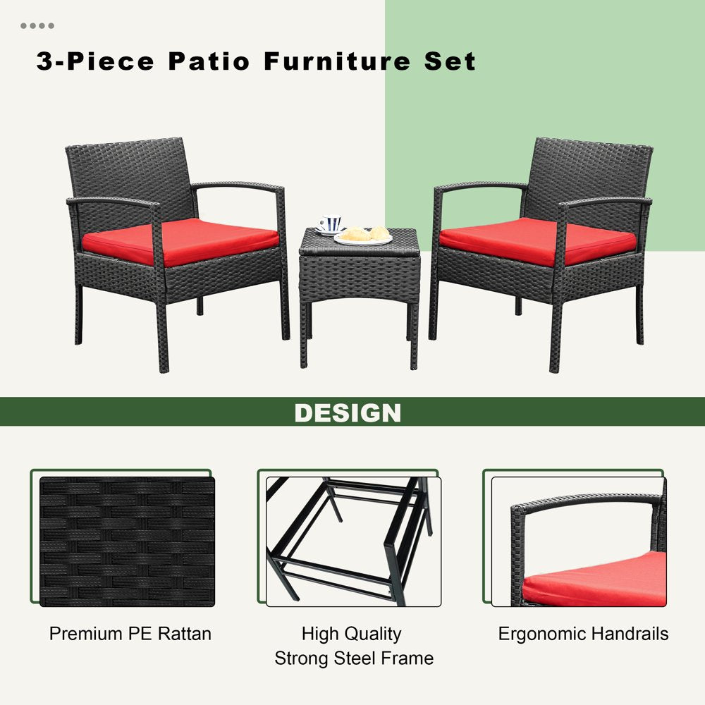 Tappio Outdoor Furniture 3 Piece Patio Bistro Furniture Set, Rattan Conversation Chairs Set with Side Table and Cushions, Patio Furniture Sets for Balcony Garden Porch, Red