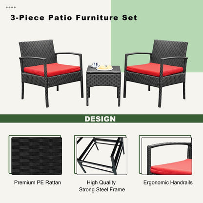 Tappio Outdoor Furniture 3 Piece Patio Bistro Furniture Set, Rattan Conversation Chairs Set with Side Table and Cushions, Patio Furniture Sets for Balcony Garden Porch, Red