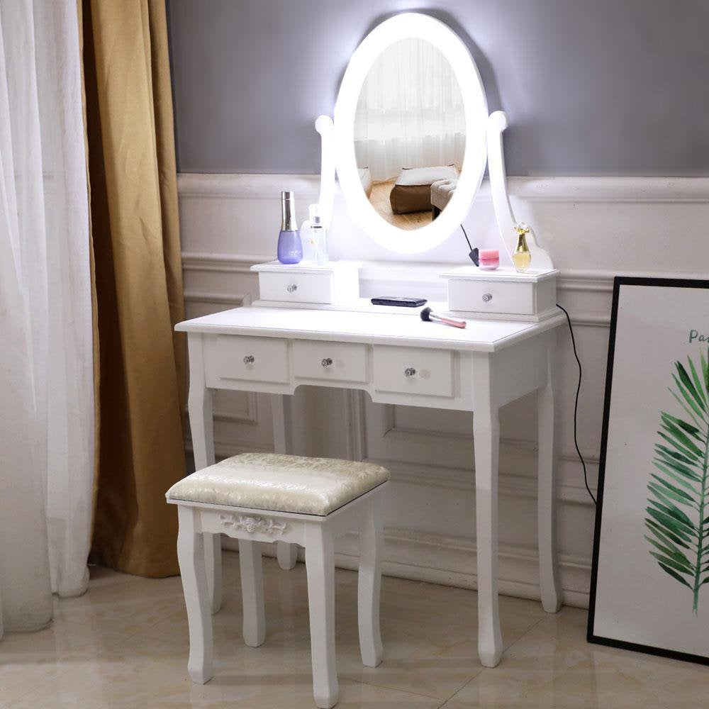 Ktaxon Vanity Table 10 LED Lights, 5 Drawers Makeup Dressing Desk with Cushioned Stool Set,Bedroom Vanities Set White