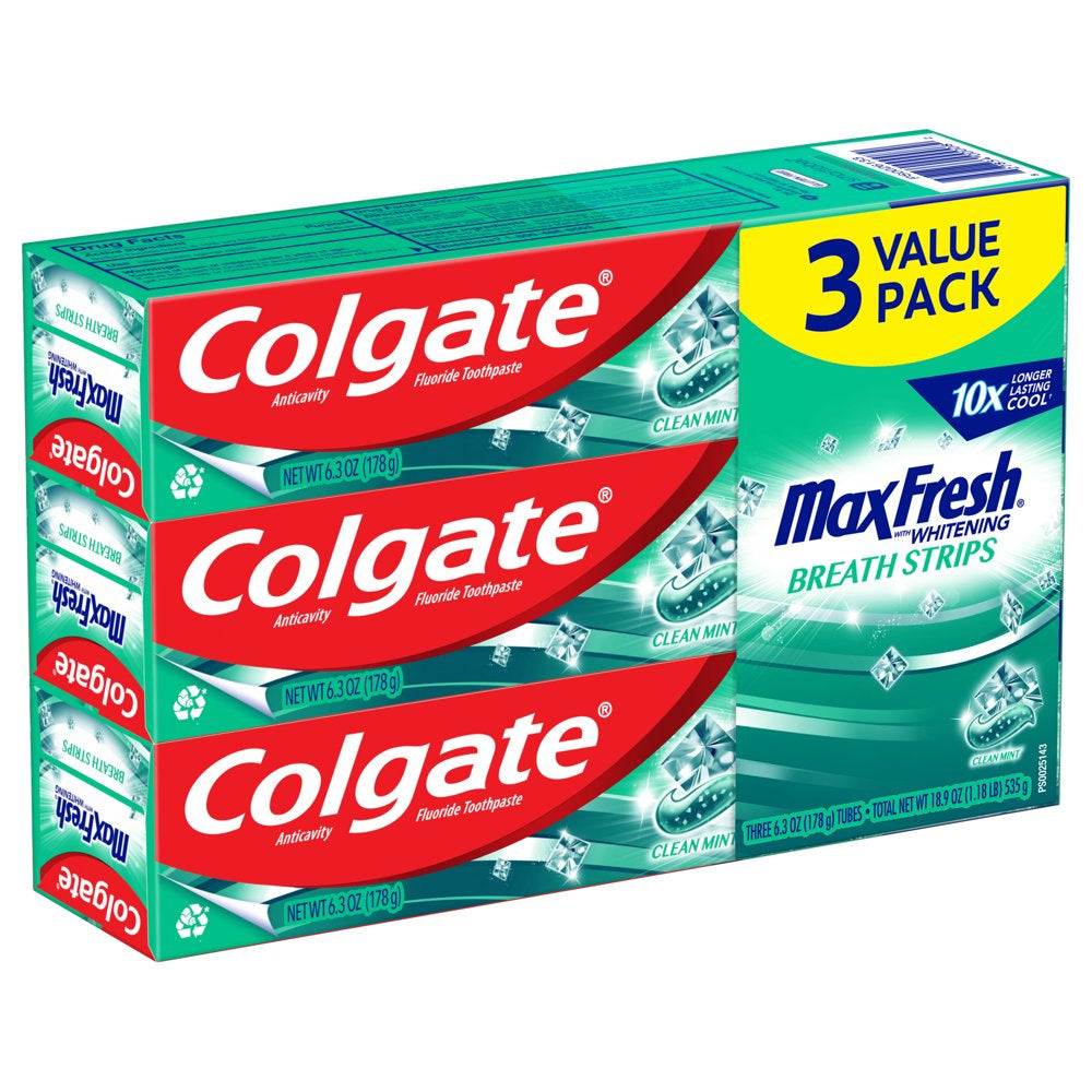 Colgate Max Fresh Toothpaste, Mini Breath Strips, Clean Mint, 3 Pack, 6.3 oz