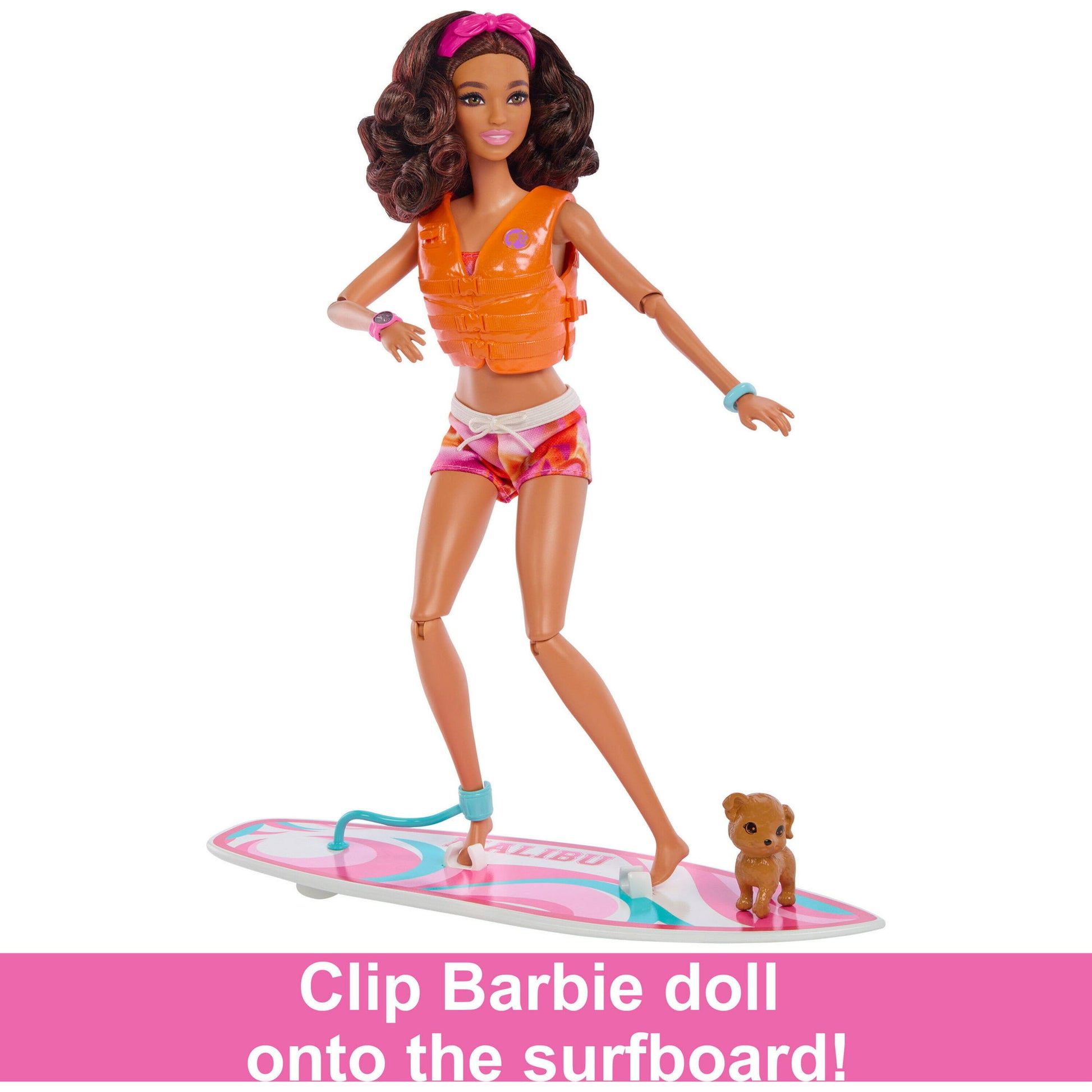 Barbie Doll with Surfboard and Puppy, Poseable Brunette Barbie Beach Doll