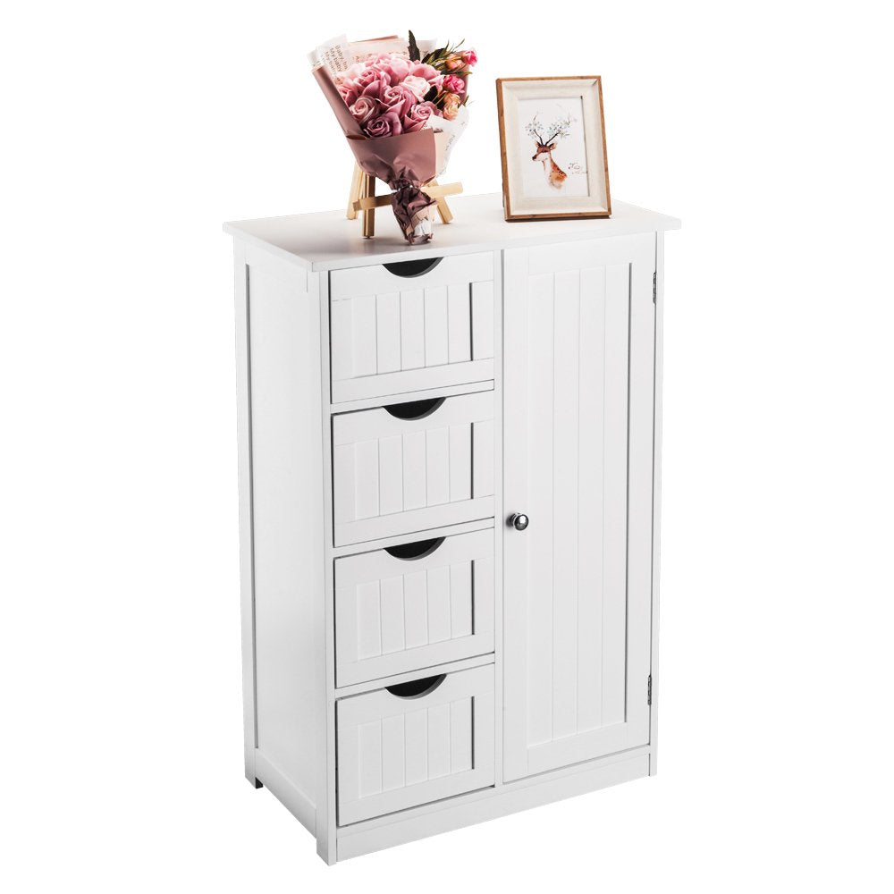 Wooden Bathroom Floor Cabinet,Side Storage Organizer Cabinet with 4 Drawers,1 Cupboard & 2-Shelves,Mdf,White