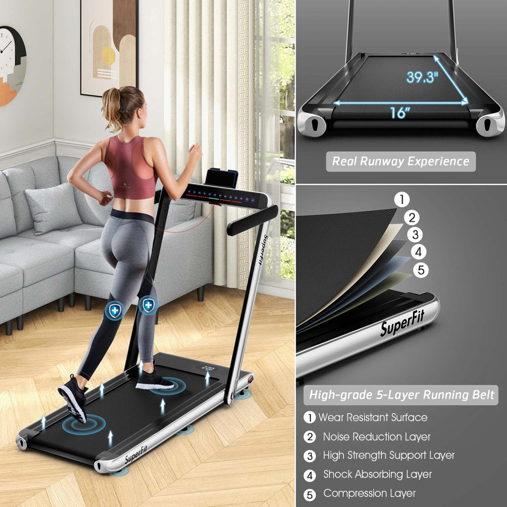 SuperFit Up To 7.5MPH 2.25HP 2 in 1 Dual Display Folding Treadmill Jogging Machine W/APP Control Dual Display Screen Silver