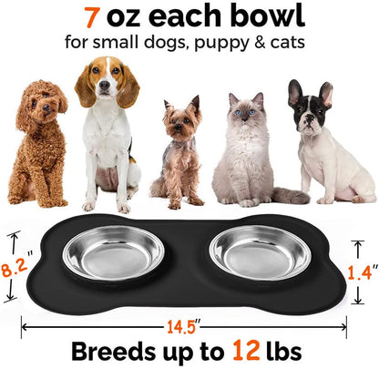 Dog Bowls, Double Dog and Cat Bowls with Anti-Overflow and Anti-Skid Dog Food Mat, Small Dog and Cat Feeding Water and Bowls