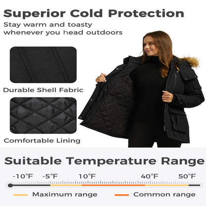 Wantdo Women's Winter Coat Thickened Winter Parka Hooded Puffer Jacket Black L