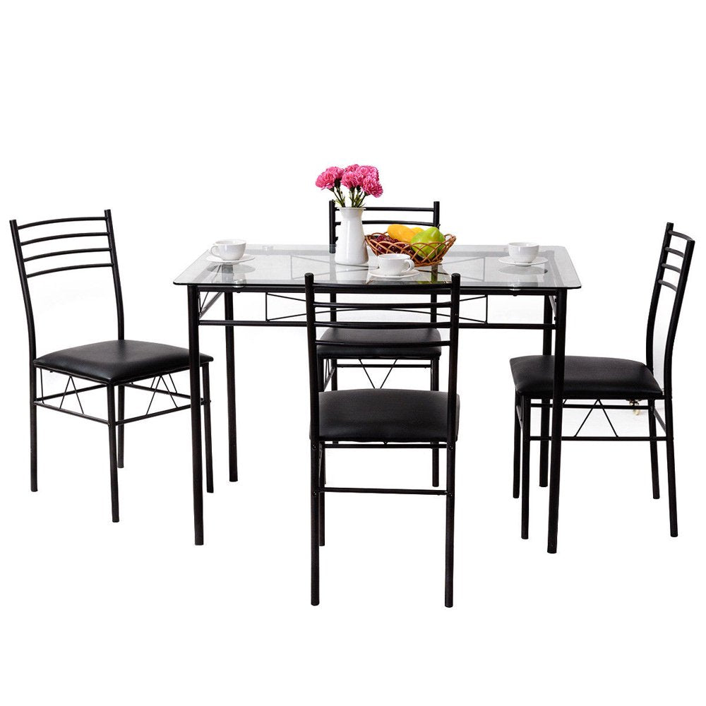 Gymax 5 Piece Dining Set Glass Top Table & 4 Upholstered Chairs Kitchen Room Furniture