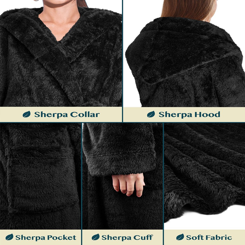 PAVILIA Women Hooded Plush Soft Robe | Fluffy Warm Fleece Sherpa Shaggy Bathrobe (S/M, Black)