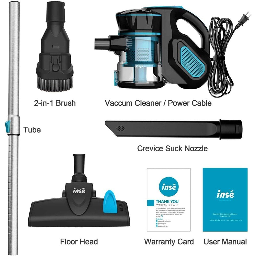 Corded Vacuum Cleaner, INSE Stick Vacuum Cleaner 18KPA Powerful Suction with 600W Motor, 3 in 1 Handheld Vacuum for Pet Hair Hard Floor Home - Blue