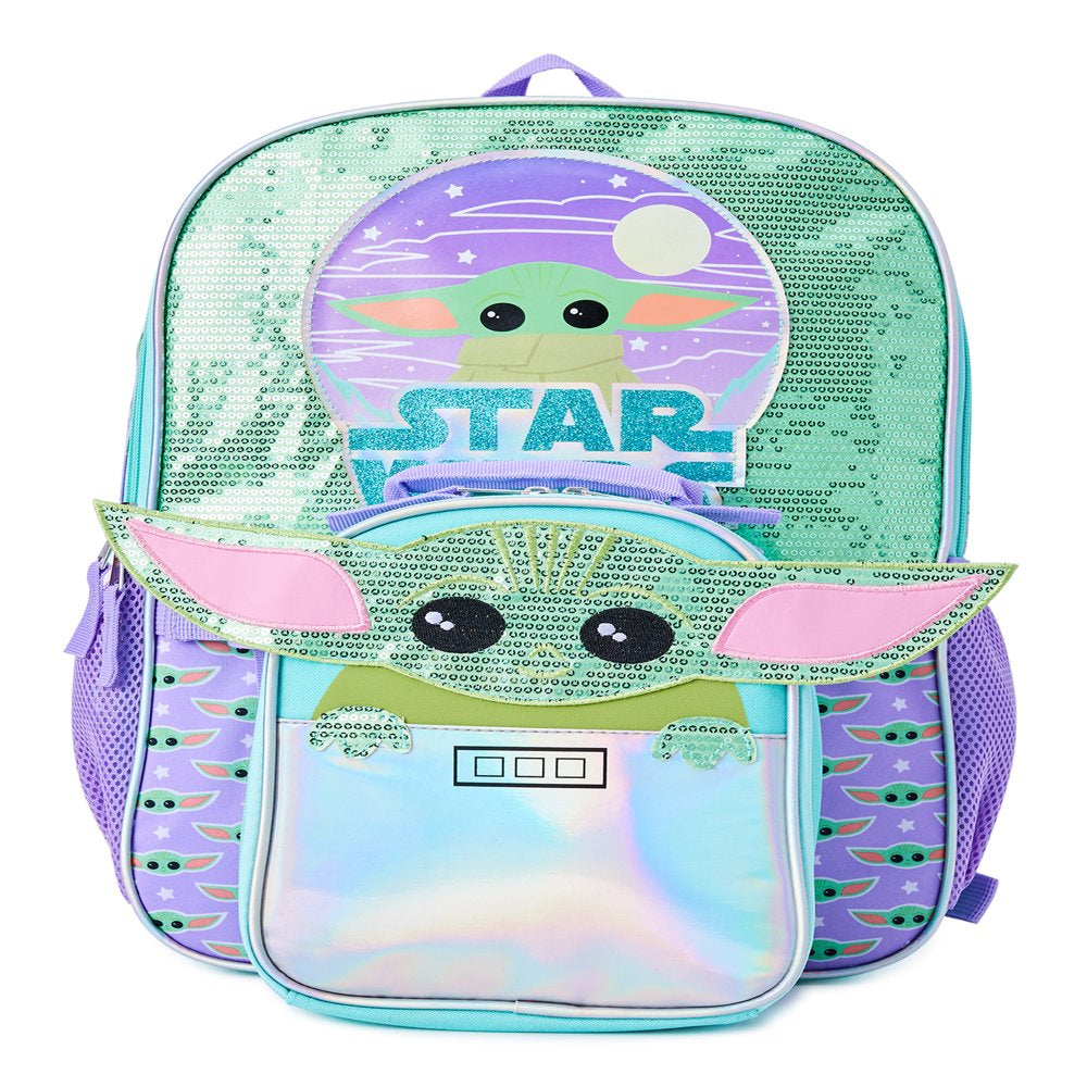 Star Wars Mandalorian Baby Yoda Girls 17" Laptop Backpack 2-Piece Set with Lunch Tote Bag, Purple Green