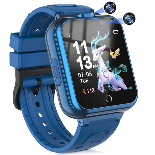 Kids Game Smart Watch for Boys Girls,Smart Wristwatch for Kids with 24 Games 5 Languages 3 Alarms 2 Cameras Music Torch Pedometer Calendar,Best Gifts for Children(Blue)