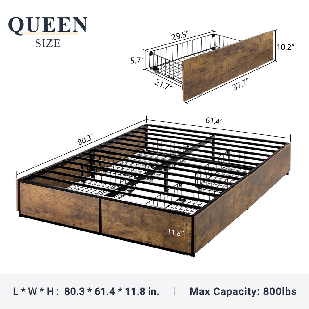 Allewie Industrial Queen Size Metal Platform Bed Frame with 4 XL Storage Drawers with Casters