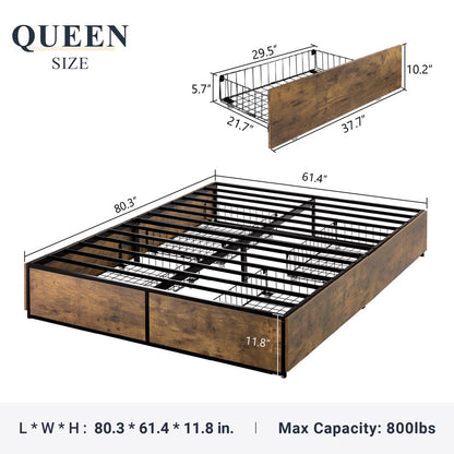 Allewie Industrial Queen Size Metal Platform Bed Frame with 4 XL Storage Drawers with Casters