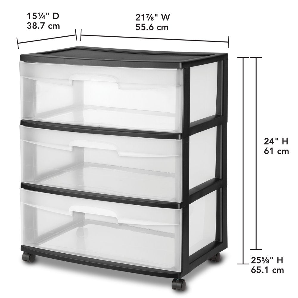 Sterilite Wide 3 Drawer Cart Black